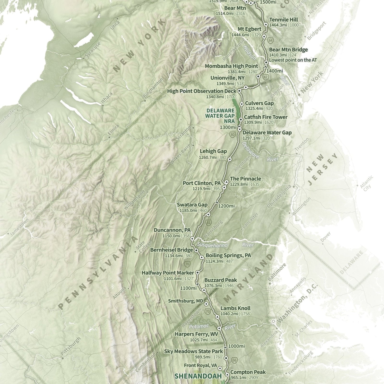 Appalachian Trail Shaded Relief Map