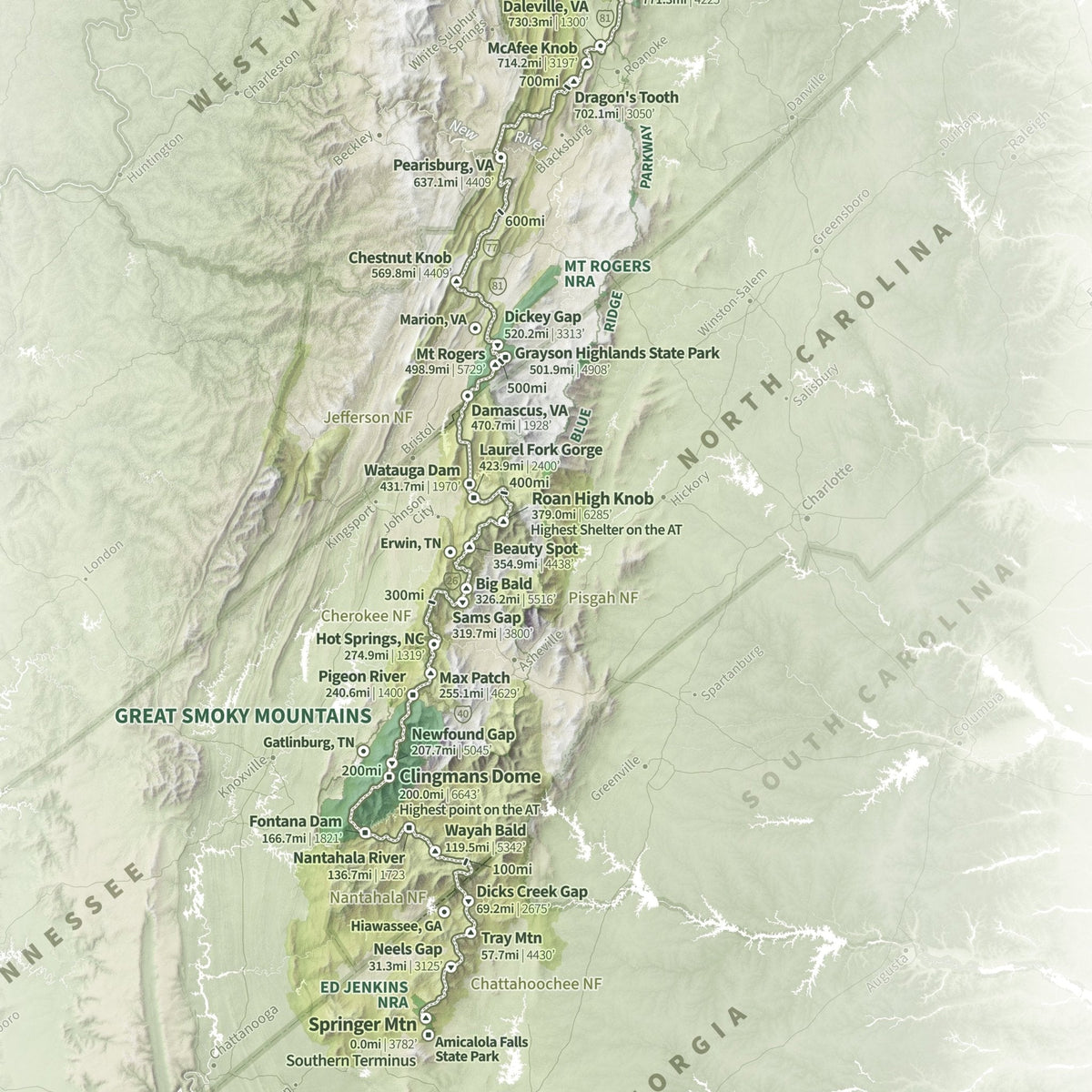 Appalachian Trail Shaded Relief Map
