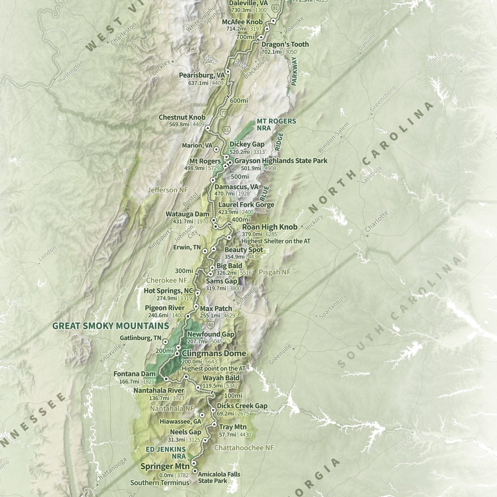 Appalachian Trail Shaded Relief Map